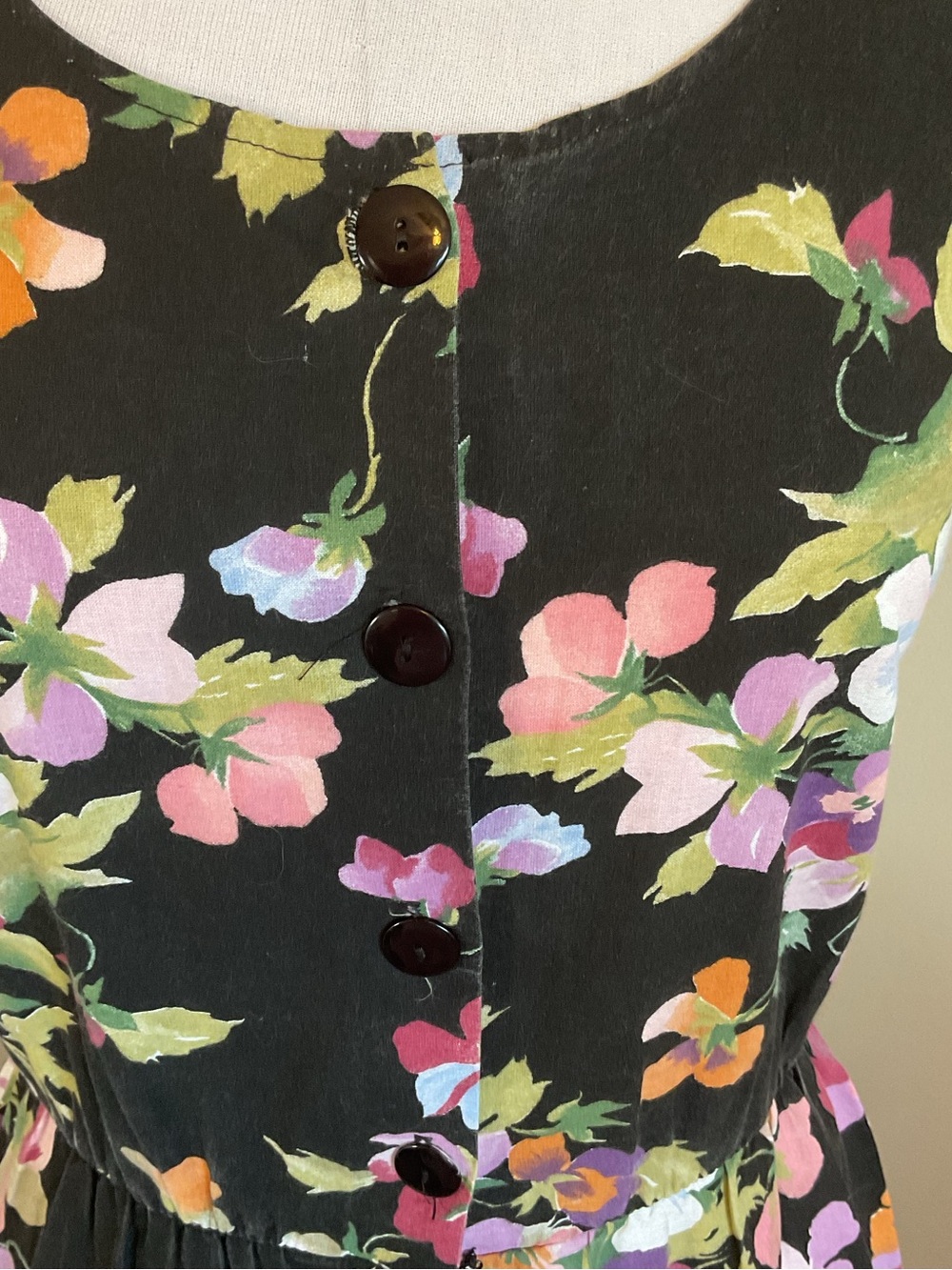 Vintage Avon Fashion Floral Midi Dress 7/8 Black Cotton Fit and Flare 90s - Picture 5 of 11